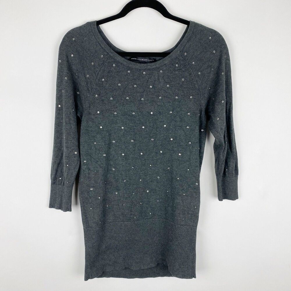 White House Black Market Rhinestone Embellished Scoop Neck Sweater Womens M Gray